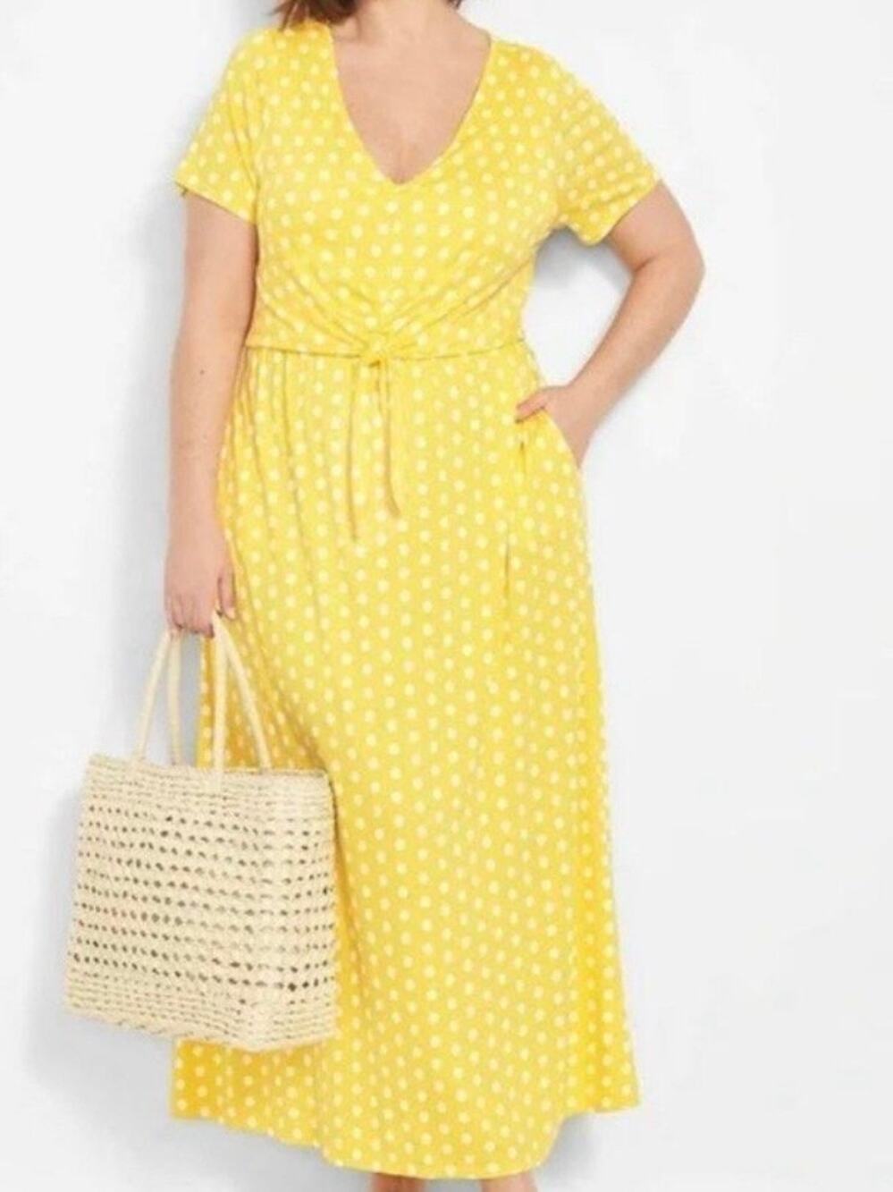 Lane Bryant Yellow Dot Print Knit Maxi Dress Sz.22/24W NWT